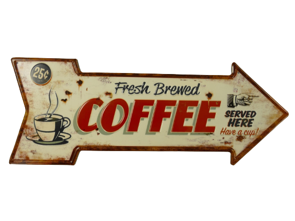 Metalen wandbord Coffee Arrow met reliëfopdruk 50x19 cm