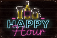 Metalen mancave reclamebord Happy Hour 20x30 cm - Neon look